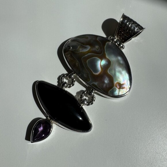 Vintage Silver 925 Pearl Native Onyx Amethyst Large pendant - Picture 1 of 6